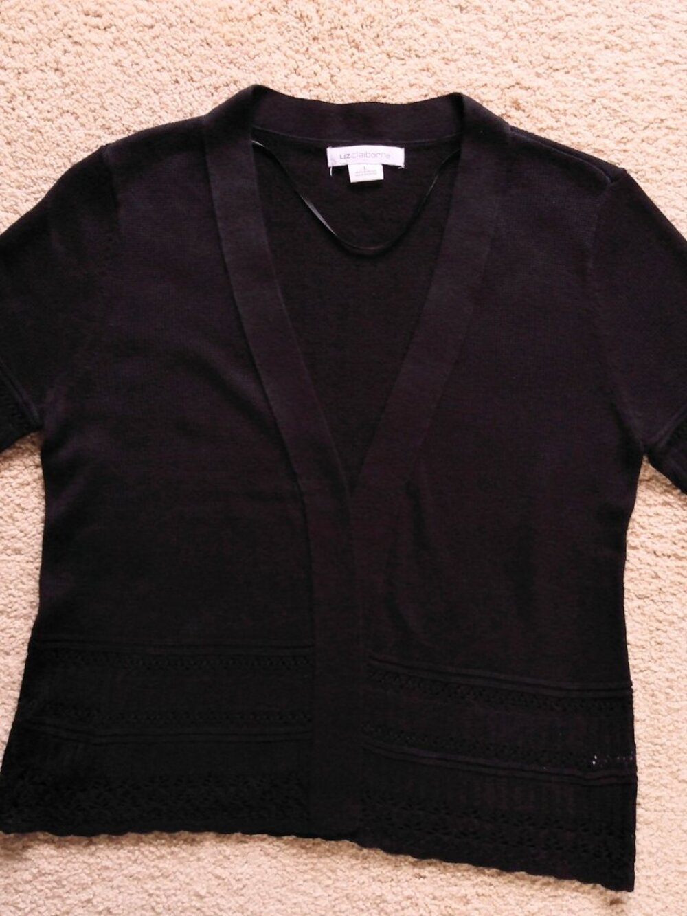 Liz Claiborne Black Crochet Cardigan Women's Large Open Front Lace Sweater NWOT - Picture 7 of 8